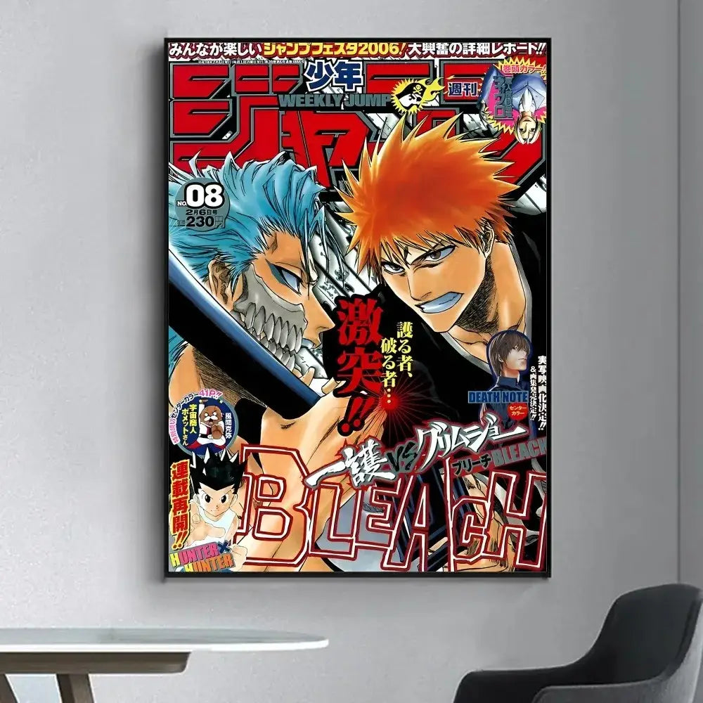 Vibrant bleach anime poster with blue and orange characters and bold red lettering for living room wall sticker decor