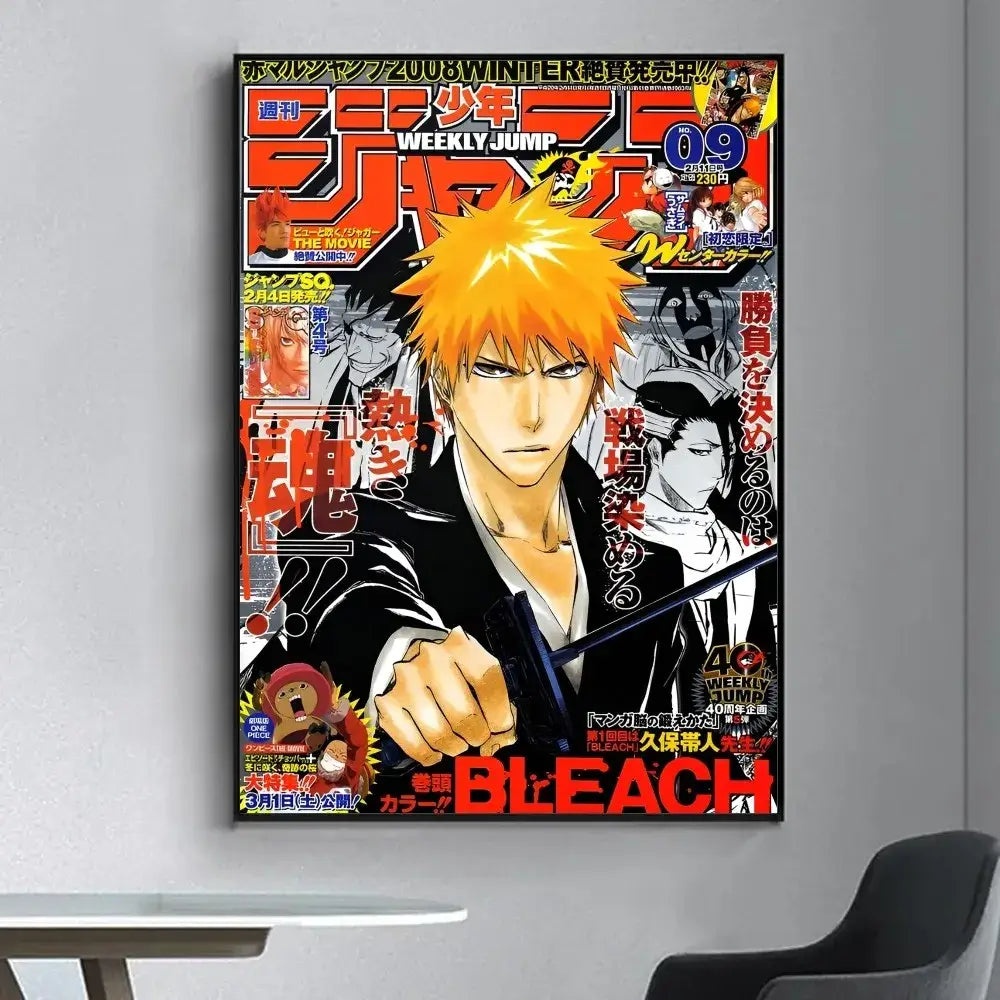Vibrant orange-haired bleach poster fancy with bold red and black text wall sticker for vintage living room decor