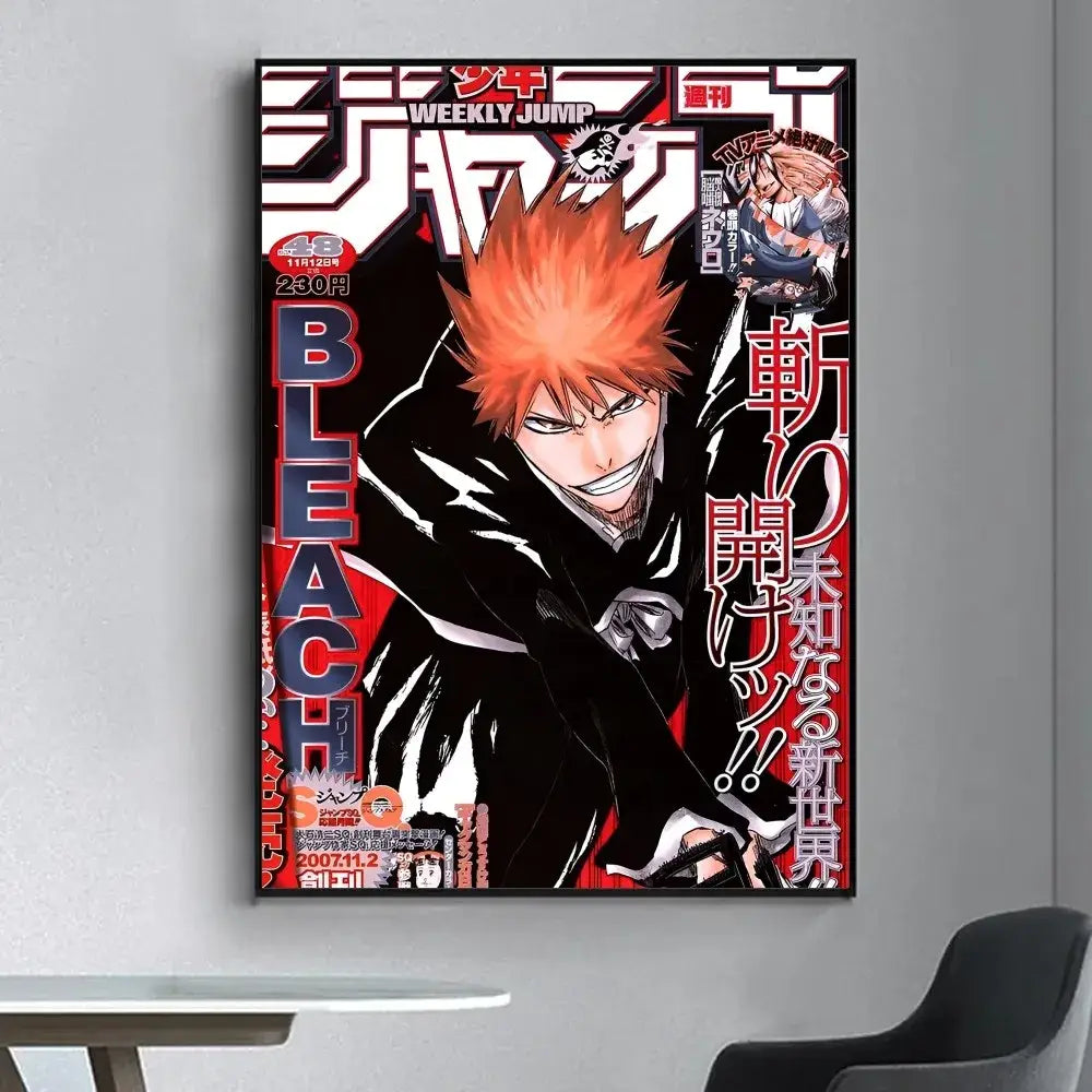 Vibrant red and black bleach poster printed on glossy canvas featuring ichigo kurosaki for living room wall sticker decor