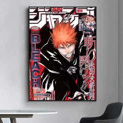 A vibrant red and black bleach poster featuring ichigo kurosaki as a living room wall sticker for vintage decor