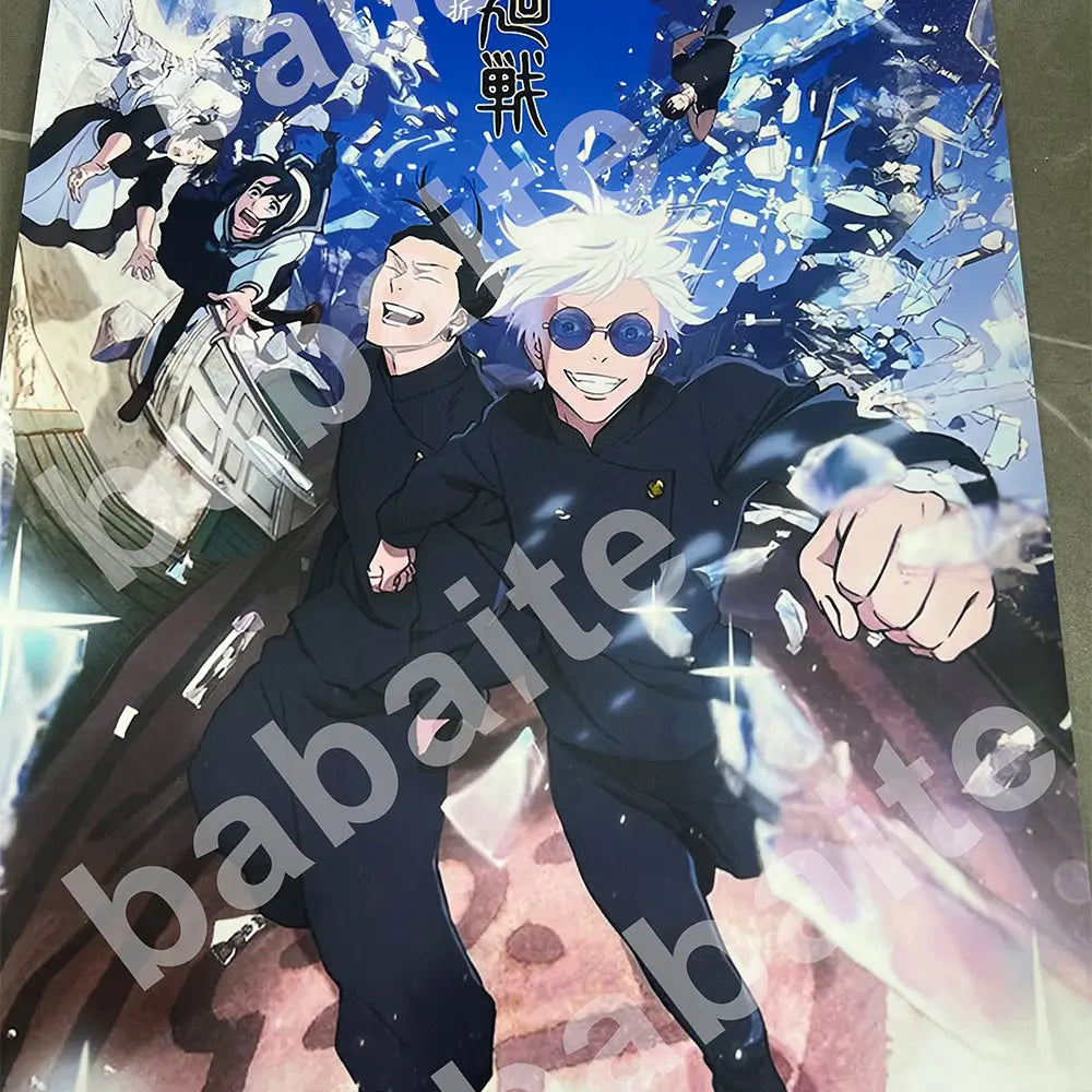 Blue and white DecorBites™ anime poster prints featuring two characters with blue sunglasses for home decor