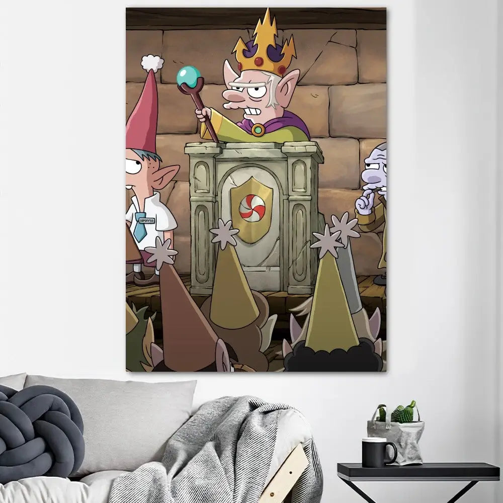 Cartoon-style wall art poster print of a grumpy elf king with a blue orb for DecorBites home decor oceans poster prints