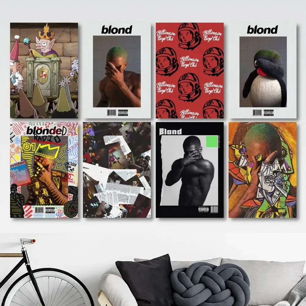A collection of eight framed blonde and billionaire boys club album cover poster prints for home decor