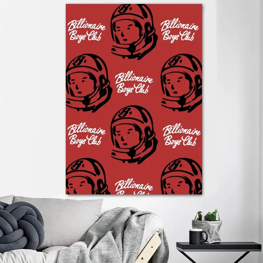 Red canvas poster print featuring black astronaut helmets and billionaire boys club text for home decor