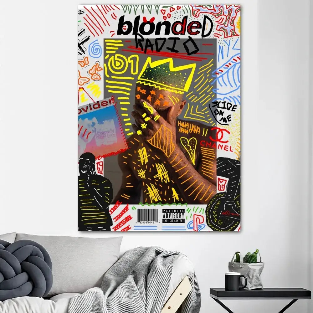 Vibrant graffiti-style blonde album poster print in ocean tones for unique home decor by decorbites