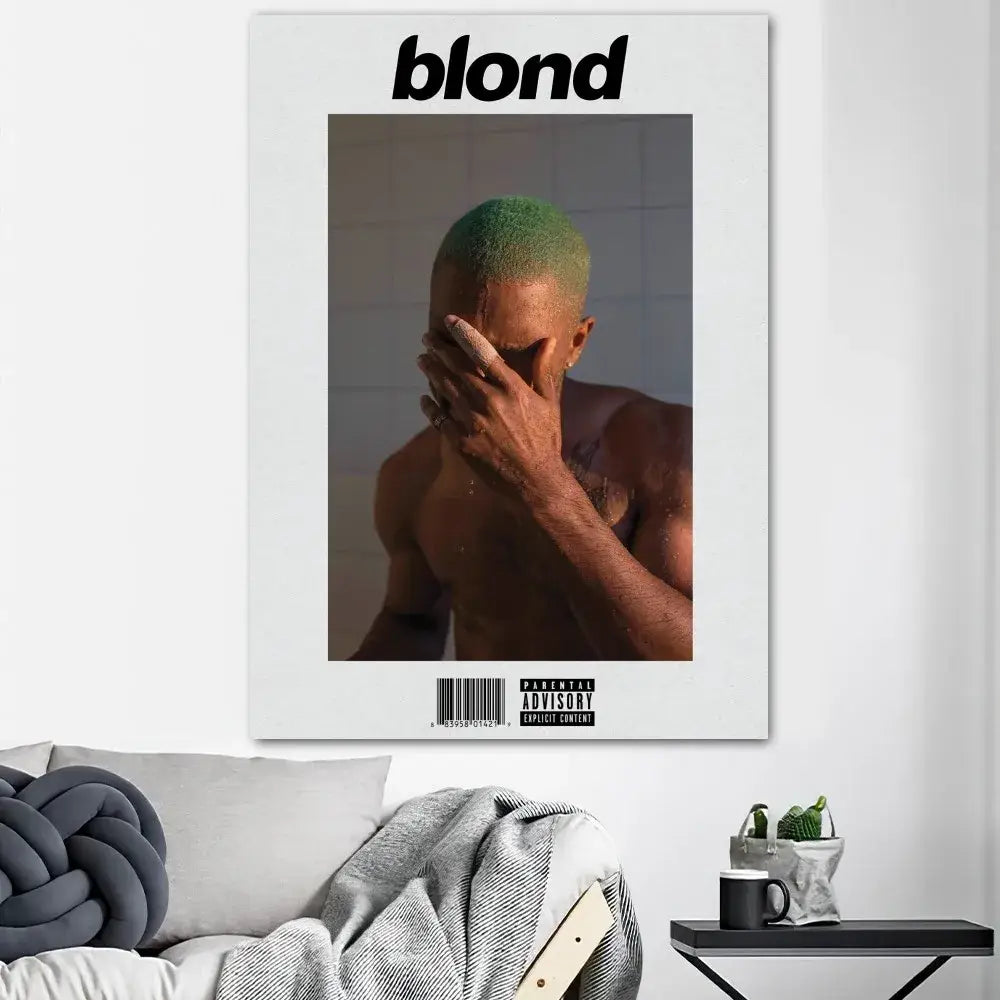 White-framed poster print of the blond album cover with green-haired man and black text for home decor oceans poster prints