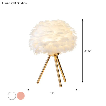 Bloom Nordic Feather Nightstand Lamp - Single White/Pink Table Light with Tripod for Bedroom