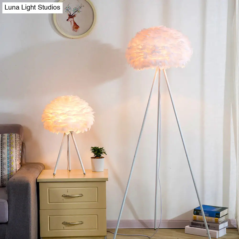 Bloom Nordic Feather Nightstand Lamp - Single White/Pink Table Light with Tripod for Bedroom