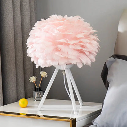 Bloom Nordic Feather Nightstand Lamp - Single White/Pink Table Light with Tripod for Bedroom