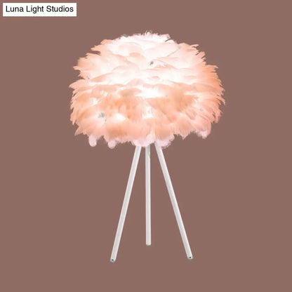 Bloom Nordic Feather Nightstand Lamp - Single White/Pink Table Light with Tripod for Bedroom