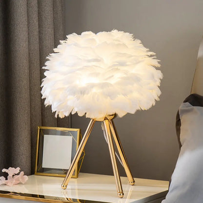 Bloom Nordic Feather Nightstand Lamp - Single White/Pink Table Light with Tripod for Bedroom