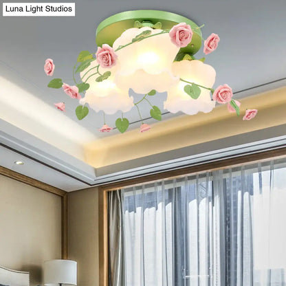 DecorBites™ DecorBites™ Blooming Beauty: Opal Glass 3-Head Flush Mount Ceiling Light with Countryside Charm in White/Green for Bedrooms