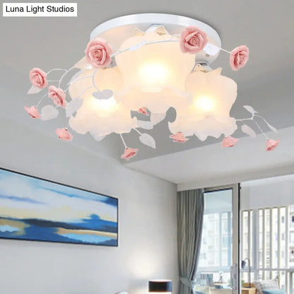 DecorBites™ DecorBites™ Blooming Beauty: Opal Glass 3-Head Flush Mount Ceiling Light with Countryside Charm in White/Green for Bedrooms