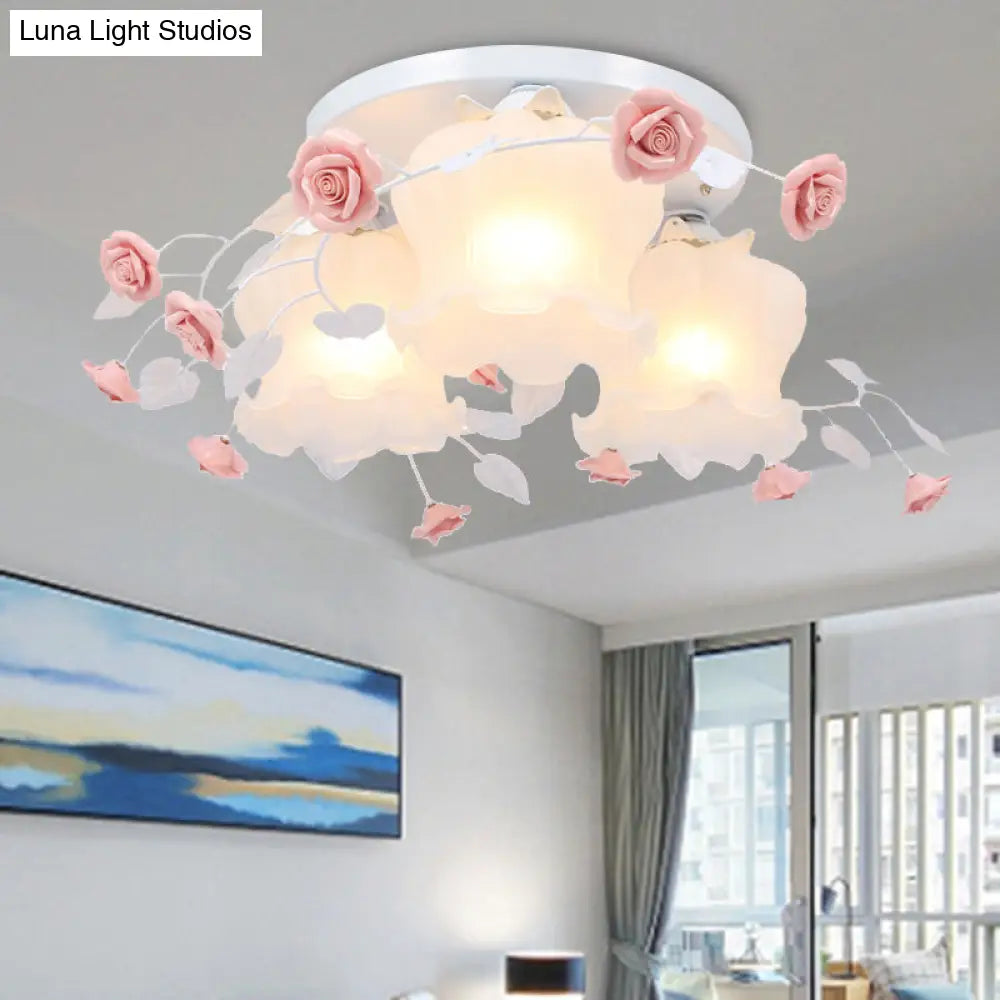 DecorBites™ DecorBites™ Blooming Beauty: Opal Glass 3-Head Flush Mount Ceiling Light with Countryside Charm in White/Green for Bedrooms