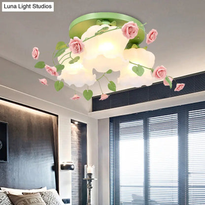 DecorBites™ DecorBites™ Blooming Beauty: Opal Glass 3-Head Flush Mount Ceiling Light with Countryside Charm in White/Green for Bedrooms