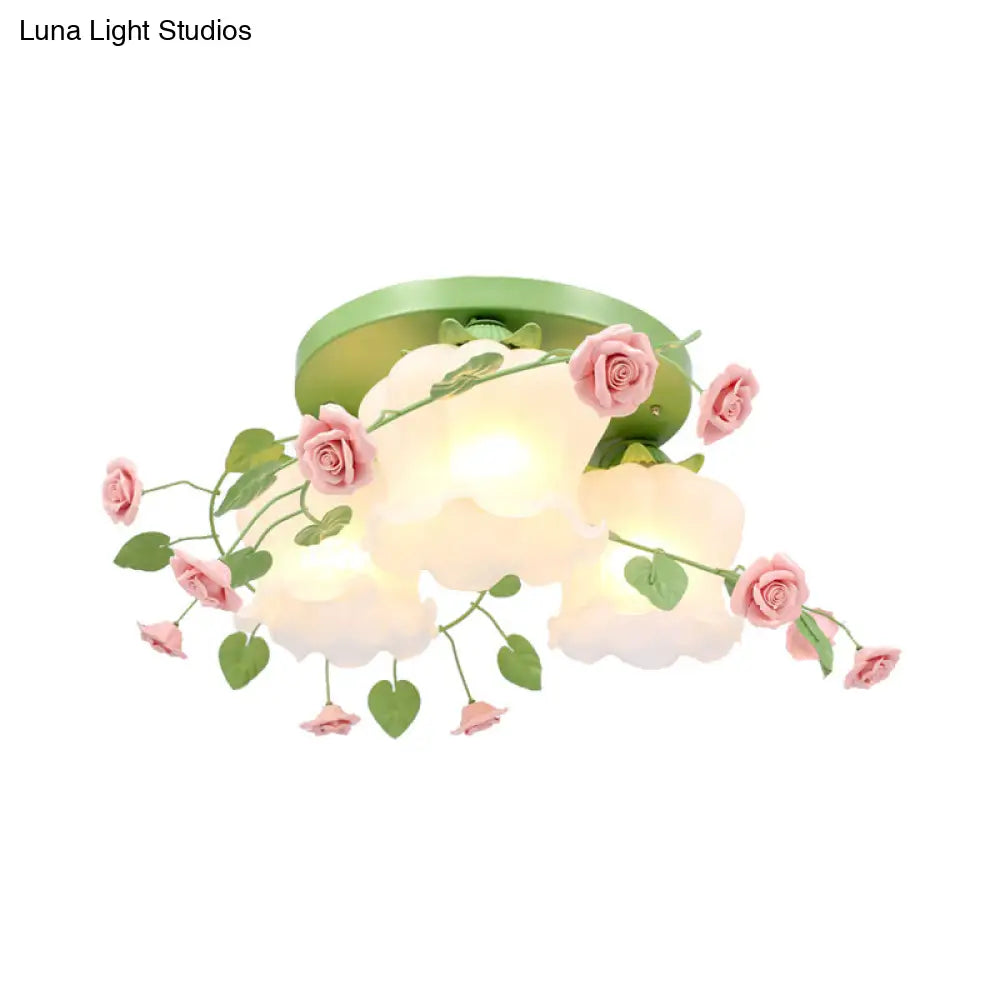 DecorBites™ DecorBites™ Blooming Beauty: Opal Glass 3-Head Flush Mount Ceiling Light with Countryside Charm in White/Green for Bedrooms