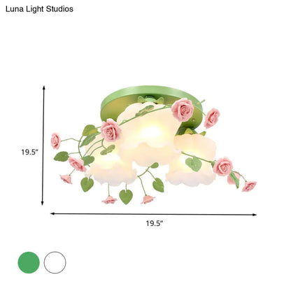 DecorBites™ DecorBites™ Blooming Beauty: Opal Glass 3-Head Flush Mount Ceiling Light with Countryside Charm in White/Green for Bedrooms