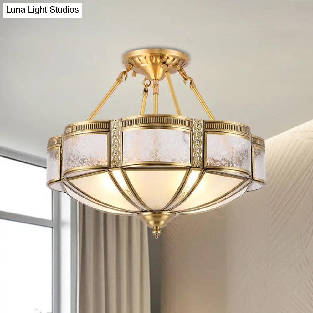 DecorBites™ DecorBites™ Blossom Ceiling Light Fixture - Traditional Style, 14"/18" Wide, 3/4 Bulbs, Frosted Glass Pattern, Semi Flush Mount in Brass