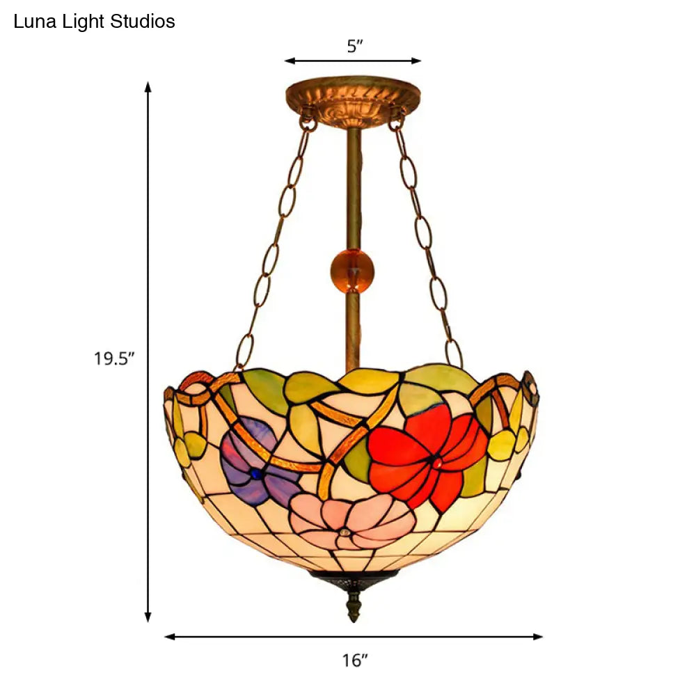 Blossom Stained Glass Tiffany Ceiling Lamp - Restaurant Semi Flush Mount with Inverted Bowl Shade