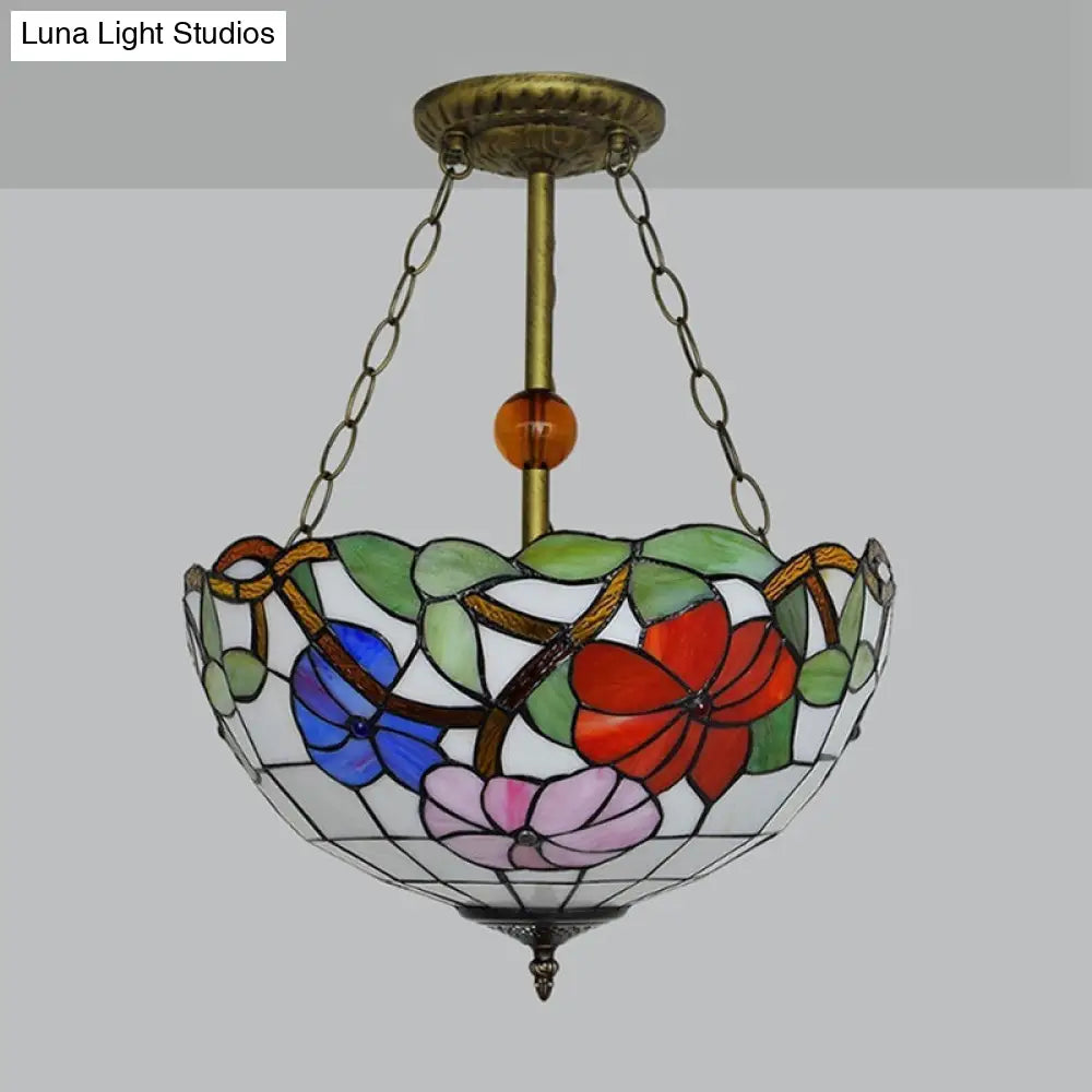 Blossom Stained Glass Tiffany Ceiling Lamp - Restaurant Semi Flush Mount with Inverted Bowl Shade