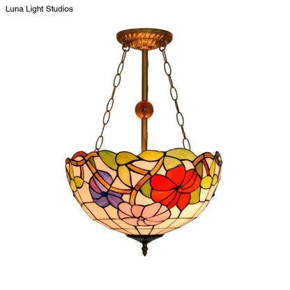 Blossom Stained Glass Tiffany Ceiling Lamp - Restaurant Semi Flush Mount with Inverted Bowl Shade