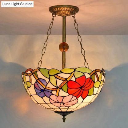 Blossom Stained Glass Tiffany Ceiling Lamp - Restaurant Semi Flush Mount with Inverted Bowl Shade