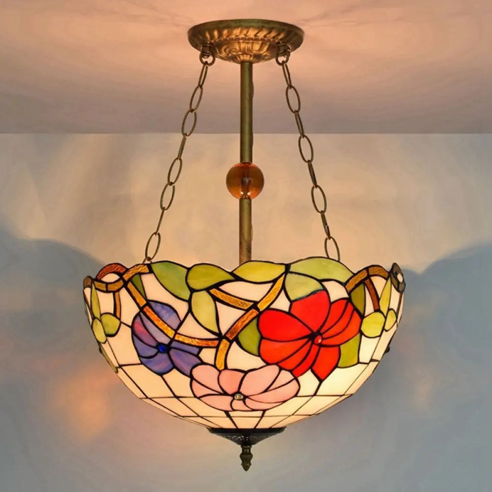 Blossom Stained Glass Tiffany Ceiling Lamp - Restaurant Semi Flush Mount with Inverted Bowl Shade