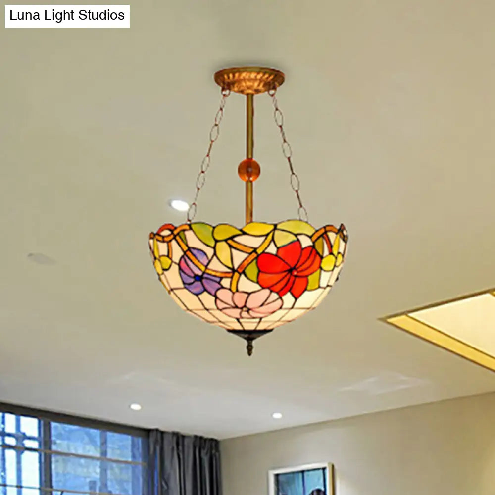 Blossom Tiffany Antique Stained Glass Ceiling Fixture - Inverted Semi Flush Mount Light with Flower/Morning Glory Pattern