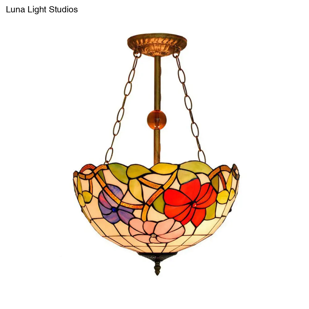 Blossom Tiffany Antique Stained Glass Ceiling Fixture - Inverted Semi Flush Mount Light with Flower/Morning Glory Pattern