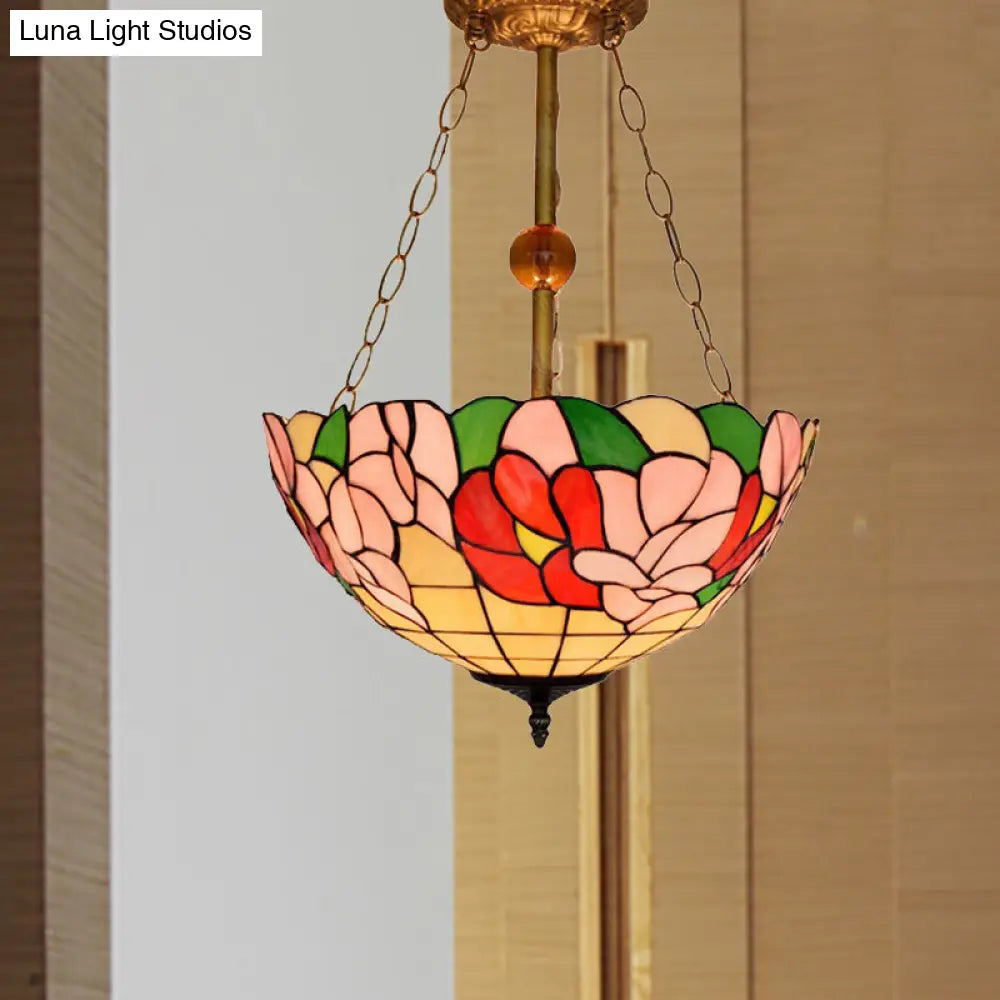 Blossom Tiffany Antique Stained Glass Ceiling Fixture - Inverted Semi Flush Mount Light with Flower/Morning Glory Pattern