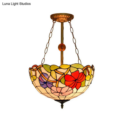 Blossom Tiffany Antique Stained Glass Ceiling Fixture - Inverted Semi Flush Mount Light with Flower/Morning Glory Pattern