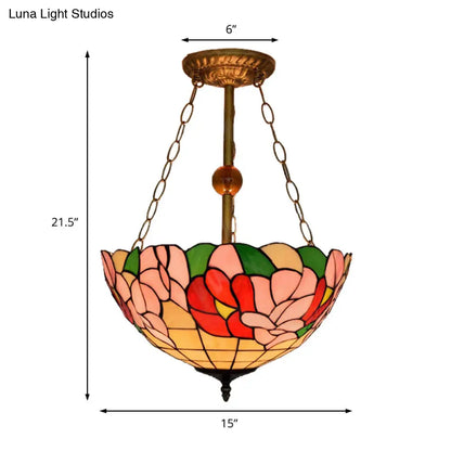 Blossom Tiffany Antique Stained Glass Ceiling Fixture - Inverted Semi Flush Mount Light with Flower/Morning Glory Pattern