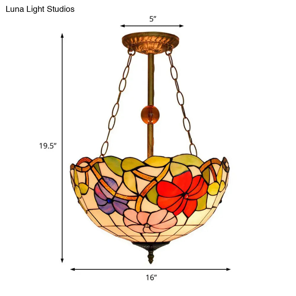 Blossom Tiffany Antique Stained Glass Ceiling Fixture - Inverted Semi Flush Mount Light with Flower/Morning Glory Pattern