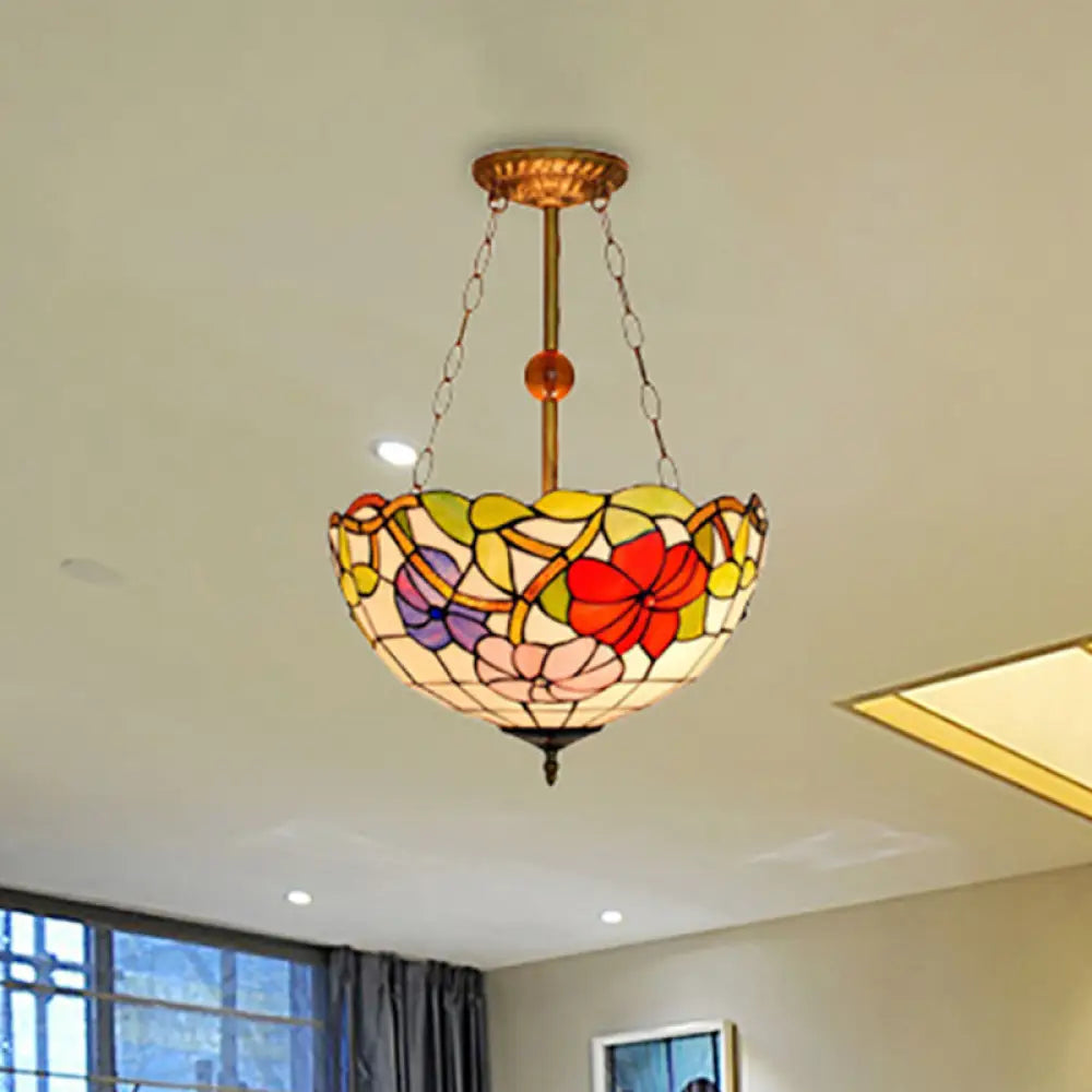 Blossom Tiffany Antique Stained Glass Ceiling Fixture - Inverted Semi Flush Mount Light with Flower/Morning Glory Pattern