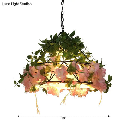 Blossoming Farmhouse LED Chandelier in Black/Pink/Green for Dining Room Lighting