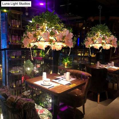 Blossoming Farmhouse LED Chandelier in Black/Pink/Green for Dining Room Lighting