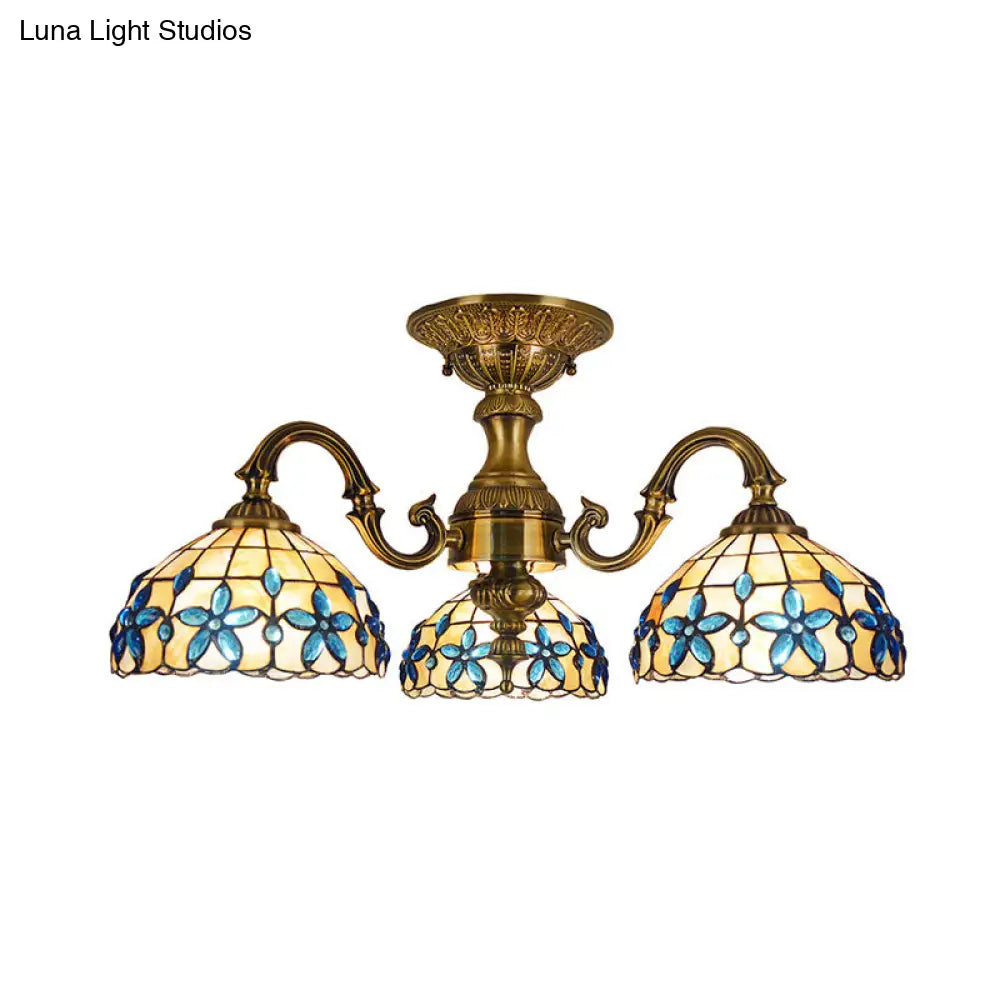DecorBites™ DecorBites™ Blue 3-Head Semi Flush Ceiling Light Fixture with Hand-Cut Mediterranean Glass Bowl