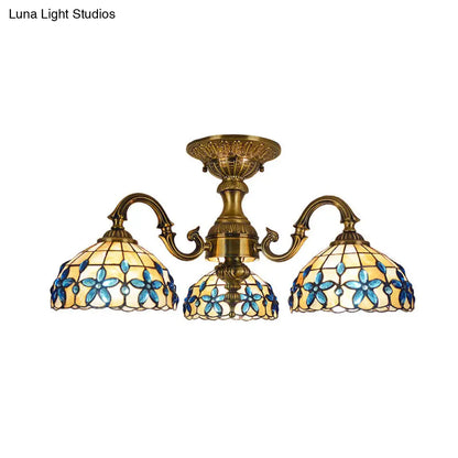 DecorBites™ DecorBites™ Blue 3-Head Semi Flush Ceiling Light Fixture with Hand-Cut Mediterranean Glass Bowl