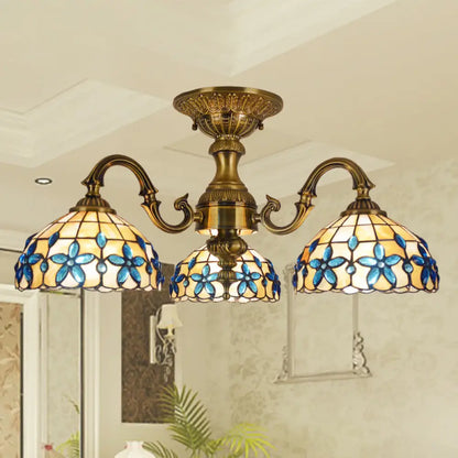 DecorBites™ DecorBites™ Blue 3-Head Semi Flush Ceiling Light Fixture with Hand-Cut Mediterranean Glass Bowl