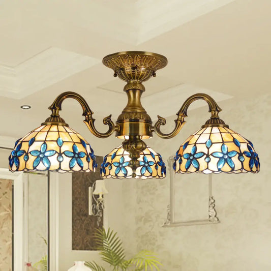 DecorBites™ DecorBites™ Blue 3-Head Semi Flush Ceiling Light Fixture with Hand-Cut Mediterranean Glass Bowl