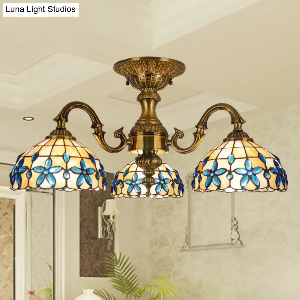 DecorBites™ DecorBites™ Blue 3-Head Semi Flush Ceiling Light Fixture with Hand-Cut Mediterranean Glass Bowl