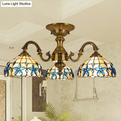 DecorBites™ DecorBites™ Blue 3-Head Semi Flush Ceiling Light Fixture with Hand-Cut Mediterranean Glass Bowl
