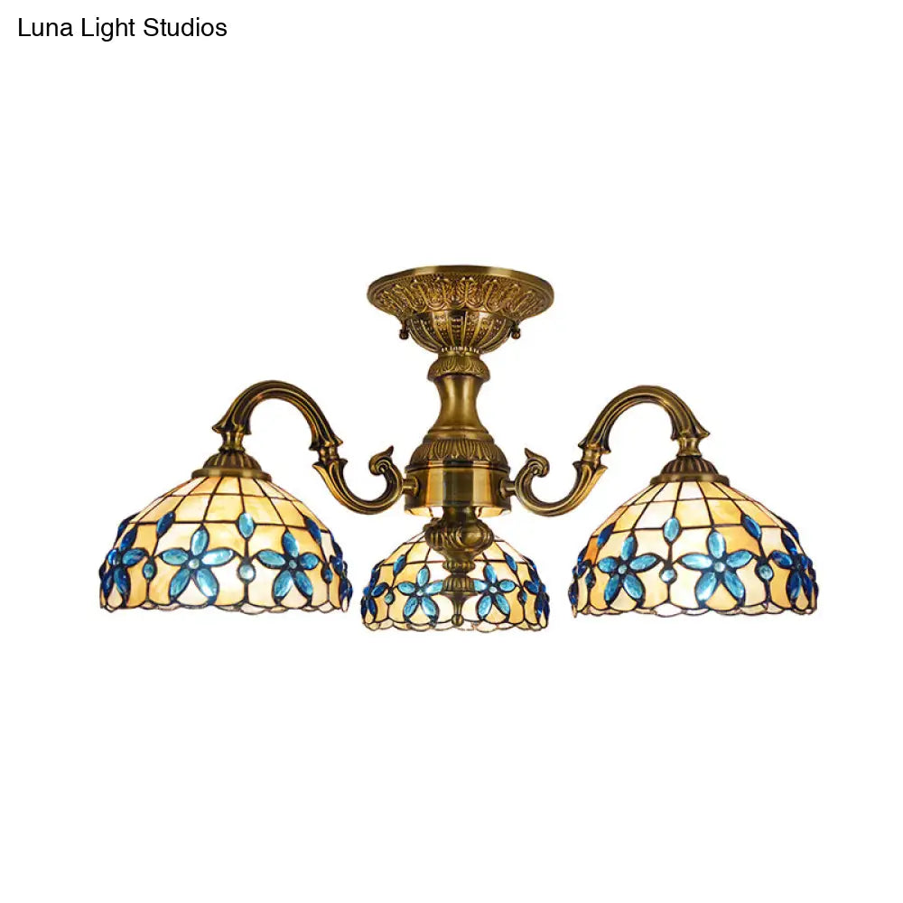 DecorBites™ DecorBites™ Blue 3-Head Semi Flush Ceiling Light Fixture with Hand-Cut Mediterranean Glass Bowl
