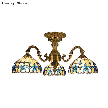 DecorBites™ DecorBites™ Blue 3-Head Semi Flush Ceiling Light Fixture with Hand-Cut Mediterranean Glass Bowl