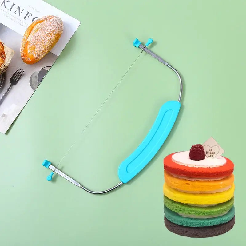 Blue adjustable stainless steel cake slicer with bright blue handles and tension knobs baking tool by decorbites