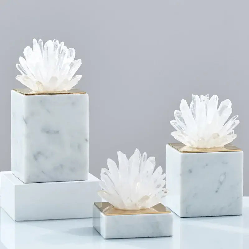 White quartz crystal clusters on marble bases with gold accents as a decorbites agate stone crystal sculpture ornament