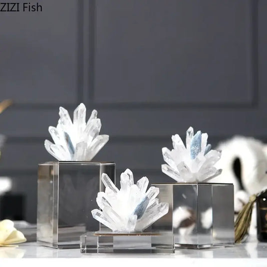 Clear quartz crystal clusters with blue inclusions on mirrored bases for decorbites agate stone crystal sculpture living room decor