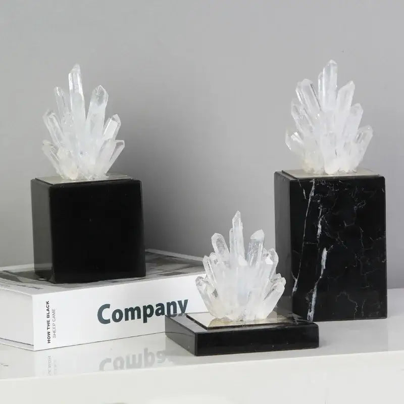 Clear quartz crystal clusters on black marble bases as blue agate stone crystal sculpture for living room decorbites ornament