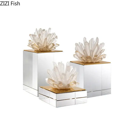 Clear quartz stone crystal sculpture with gold-toned mirrored bases for living room decorbites agate stone ornament