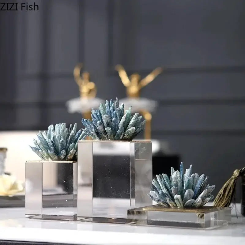 Blue agate stone crystal sculpture featuring blue crystalline succulent decor in mirrored acrylic cube planters for living room